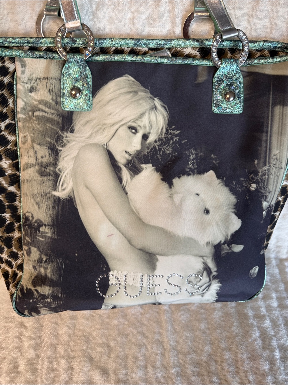 GUESS Black-and-Teal Graphic Rhinestone Tote with Leopard Sides